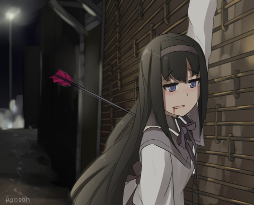 akemi_homura, alley, arm_up, arrow_(projectile), artist_name, bangs, black_hair, black_hairband