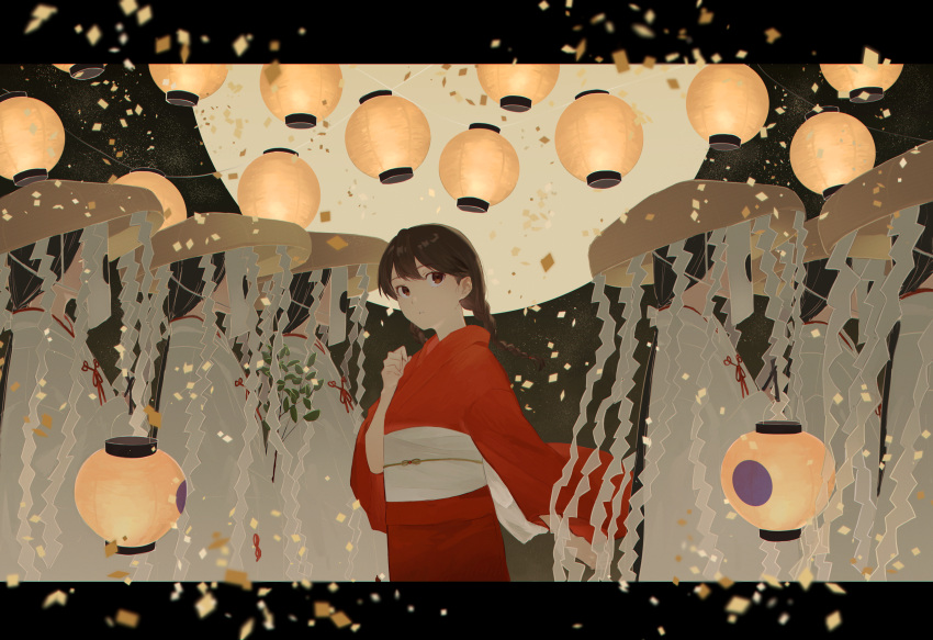 6+girls, absurdres, blurry, blurry_foreground, branch, brown_eyes, brown_hair, confetti