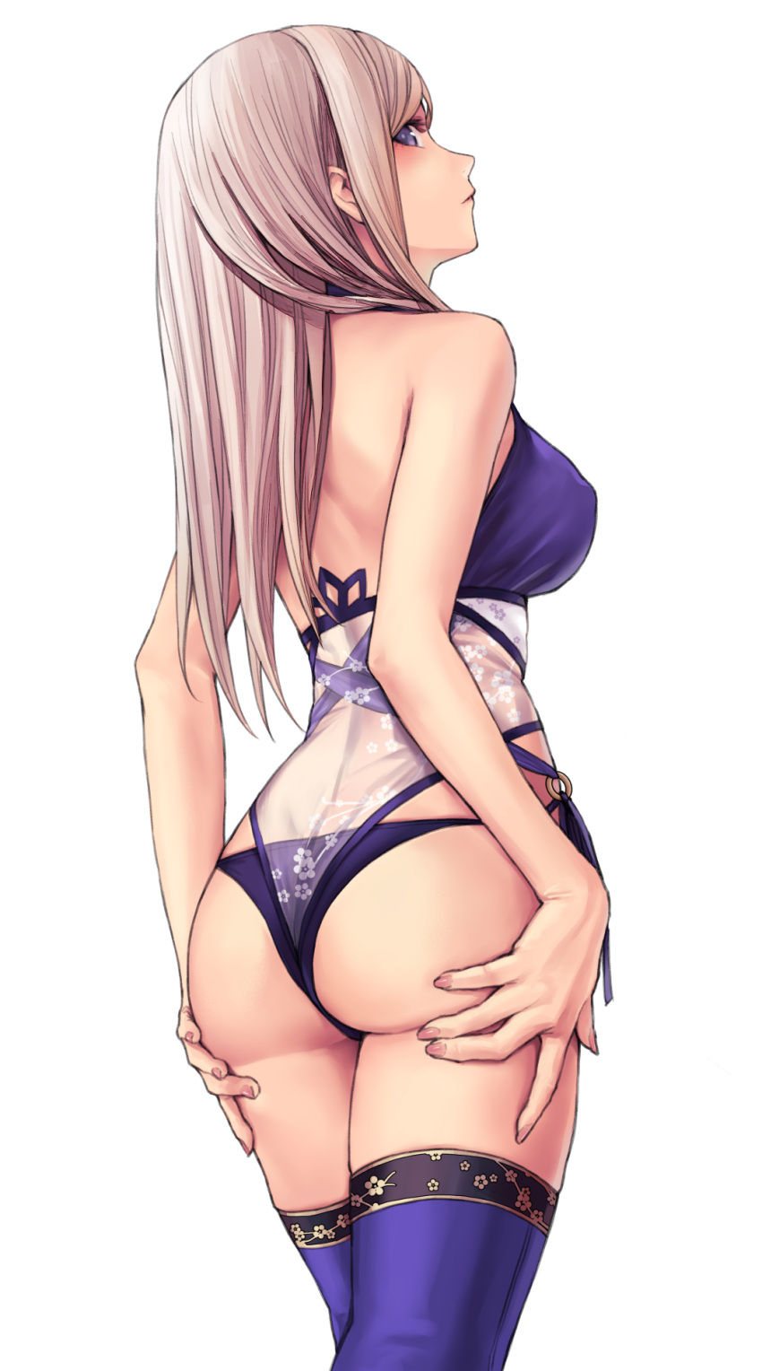 1girl, applekun, ass, ass_grab, back, bare_thighs, blue_eyes, blue_swimsuit