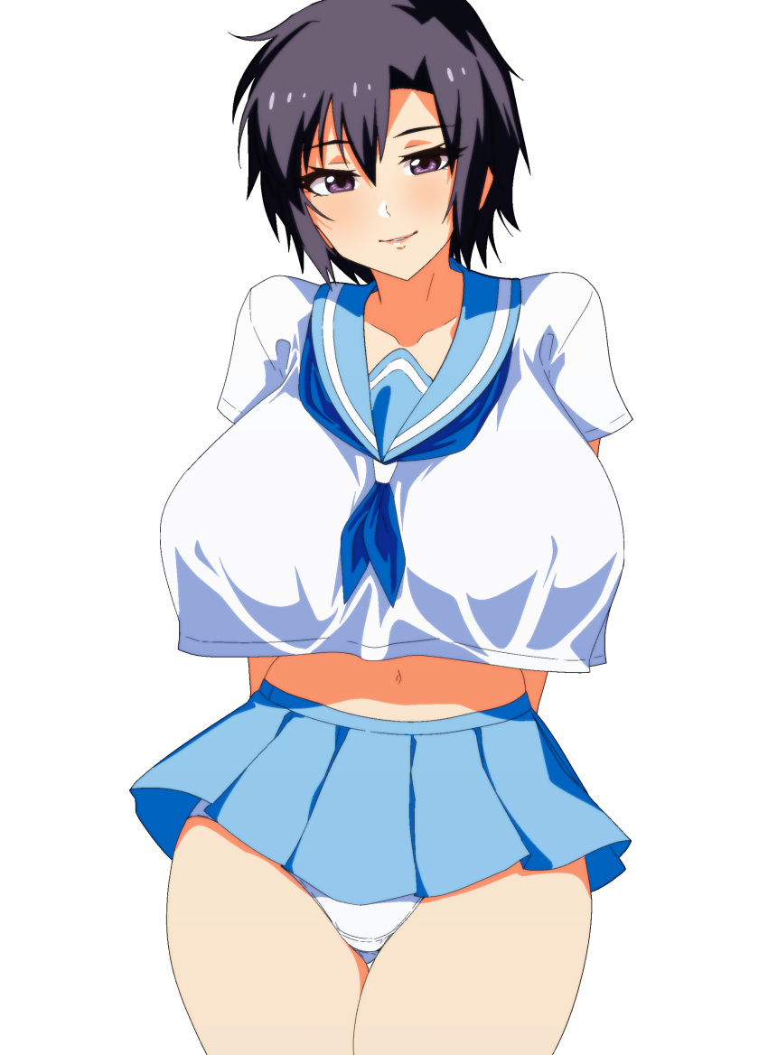 1girl, absurdres, arms_behind_back, blue_neckwear, blue_sailor_collar, blue_skirt, breasts, collarbone, cowboy_shot, crop_top, eyebrows_visible_through_hair, highres, idolmaster, idolmaster_(classic), kikuchi_makoto, kumako_(kumakonoh), large_breasts, looking_at_viewer, miniskirt, navel, neckerchief, panties, pleated_skirt, purple_hair, sailor_collar, school_uniform, serafuku, shirt, short_hair, short_sleeves, simple_background, skirt, smile, solo, thigh_gap, underwear, violet_eyes, white_background, white_panties, white_shirt