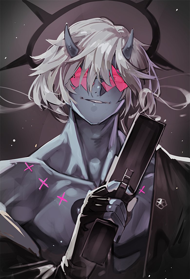 1boy, black_gloves, black_nails, blue_horns, blue_skin, collarbone, colored_skin, dark_halo