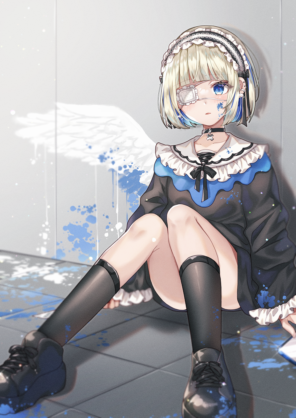 1girl, against_wall, arms_at_sides, bangs, black_bow, black_dress, black_footwear, black_legwear