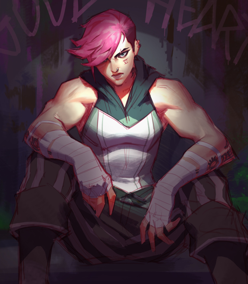 1girl, absurdres, arcane:_league_of_legends, background_text, bare_arms, biceps, facial_tattoo, highres