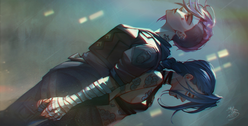 2girls, amber_(orangeamber12), arcane:_league_of_legends, arm_tattoo, back-to-back, bandaged_arm, bandages, bangs, blue_eyes, blue_hair, braid, breasts, dutch_angle, ear_piercing, facial_tattoo, holding_hands, jinx_(league_of_legends), league_of_legends, long_hair, medium_breasts, multiple_girls, piercing, pink_eyes, pink_hair, short_hair, small_breasts, tattoo, undercut, vi_(league_of_legends)
