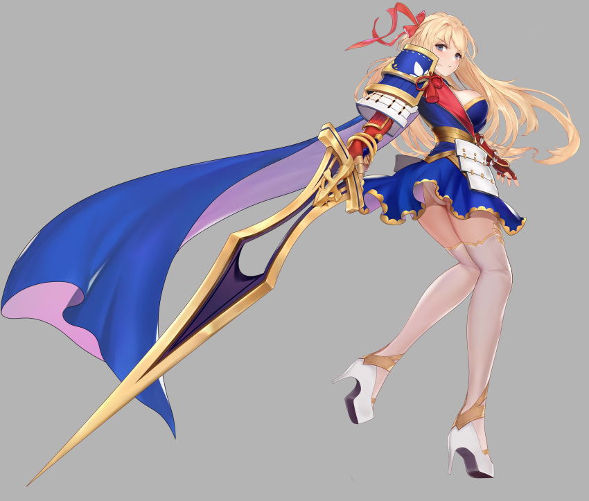 1girl, armor, ass, blonde_hair, blue_cape, blue_eyes, blue_skirt, bracelet, breasts, cape, fingerless_gloves, frown, full_body, gloves, grey_background, hair_intakes, hair_ribbon, high_heels, highres, holding, holding_sword, holding_weapon, japanese_armor, jewelry, kote, kusazuri, large_breasts, lize_cai, long_hair, looking_at_viewer, looking_back, original, panties, pantyshot, red_gloves, red_ribbon, ribbon, sash, shoulder_armor, simple_background, skirt, skirt_set, sode, stiletto_heels, sword, tassel, two-sided_cape, two-sided_fabric, underwear, weapon, white_footwear, white_legwear, white_panties