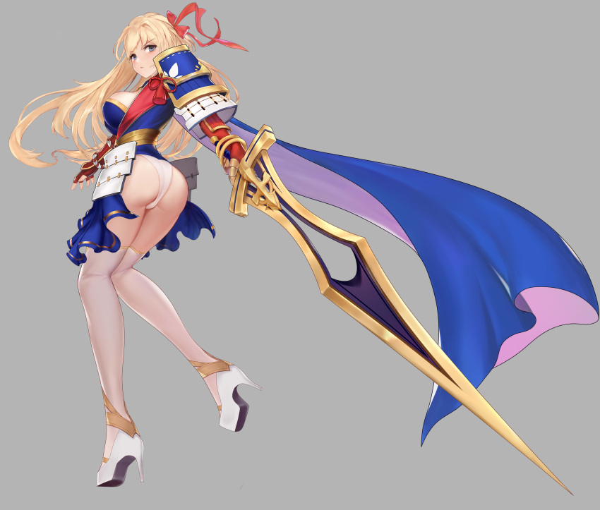 1girl, absurdres, armor, ass, blonde_hair, blue_cape, blue_eyes, blue_skirt, bracelet, breasts, cape, fingerless_gloves, frown, full_body, gloves, grey_background, hair_intakes, hair_ribbon, high_heels, highres, holding, holding_sword, holding_weapon, japanese_armor, jewelry, kote, kusazuri, large_breasts, lize_cai, long_hair, looking_at_viewer, looking_back, original, panties, red_gloves, red_ribbon, revealing_clothes, ribbon, sash, shoulder_armor, simple_background, skirt, skirt_set, sode, stiletto_heels, sword, tassel, two-sided_cape, two-sided_fabric, underwear, weapon, white_footwear, white_legwear, white_panties