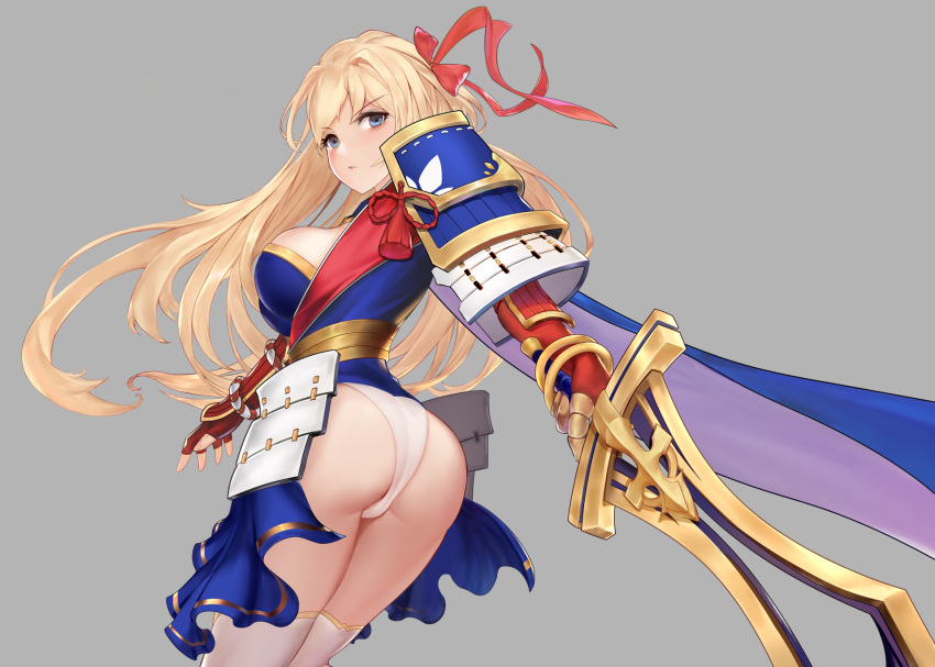 1girl, armor, ass, blonde_hair, blue_cape, blue_eyes, blue_skirt, blush