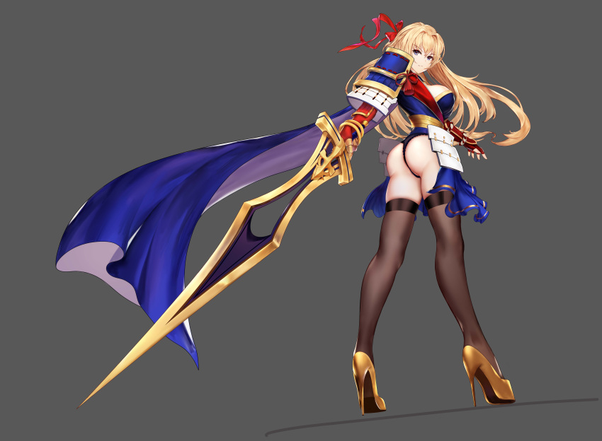 1girl, absurdres, armor, ass, black_legwear, black_panties, blonde_hair, blue_cape