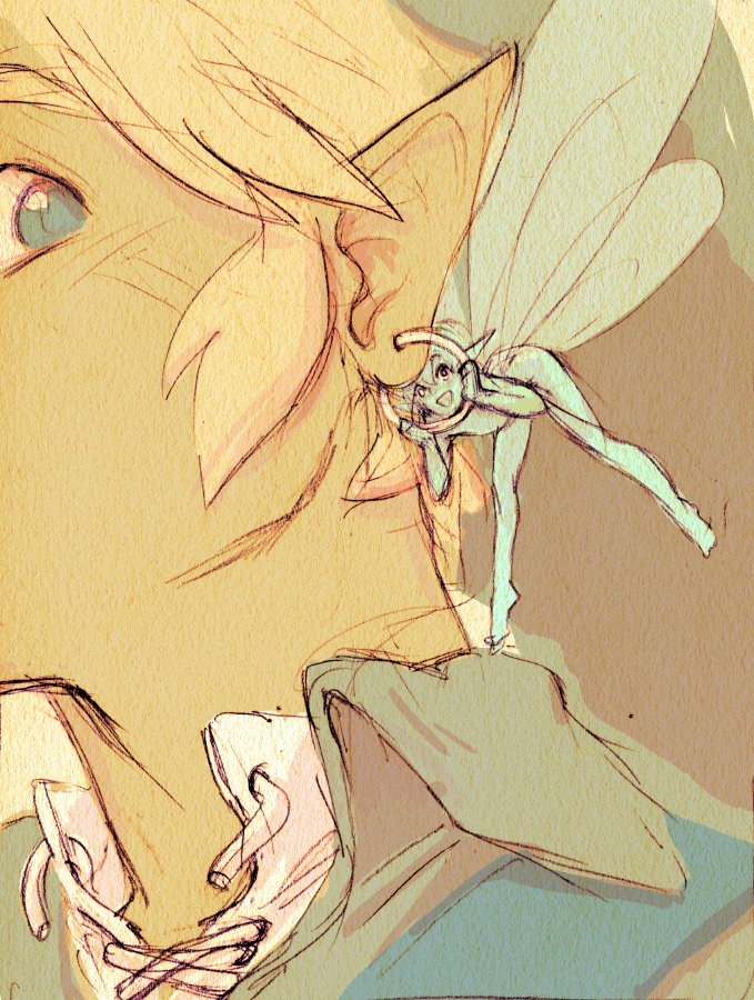 1boy, 1girl, blonde_hair, blue_eyes, close-up, collared_shirt, ear_piercing, earrings, fairy, green_headwear, happy, headgear, jewelry, link, looking_at_another, navi, piercing, pointy_ears, rvsa, shirt, sketch, the_legend_of_zelda, the_legend_of_zelda:_ocarina_of_time, tunic
