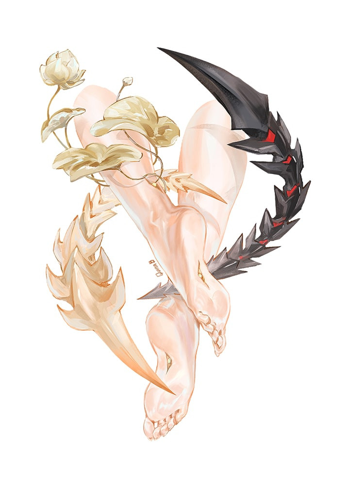 1boy, barefoot, bud, cropped_legs, english_commentary, extra_eyes, feet, flower, foot_focus, from_behind, leaf, lotus, male_focus, onmyoji, quyen_pham, simple_background, soles, solo, taishakuten_(onmyouji), white_background