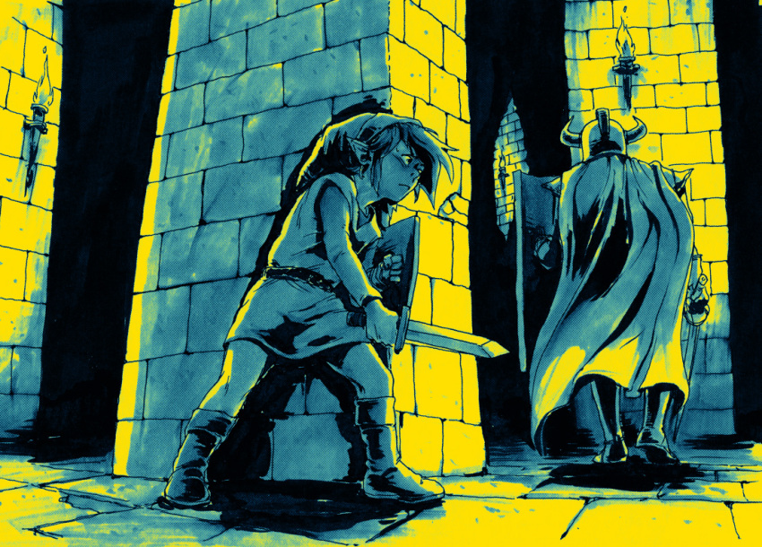 1boy, armor, belt, boots, brick_wall, cape, dark, darknut