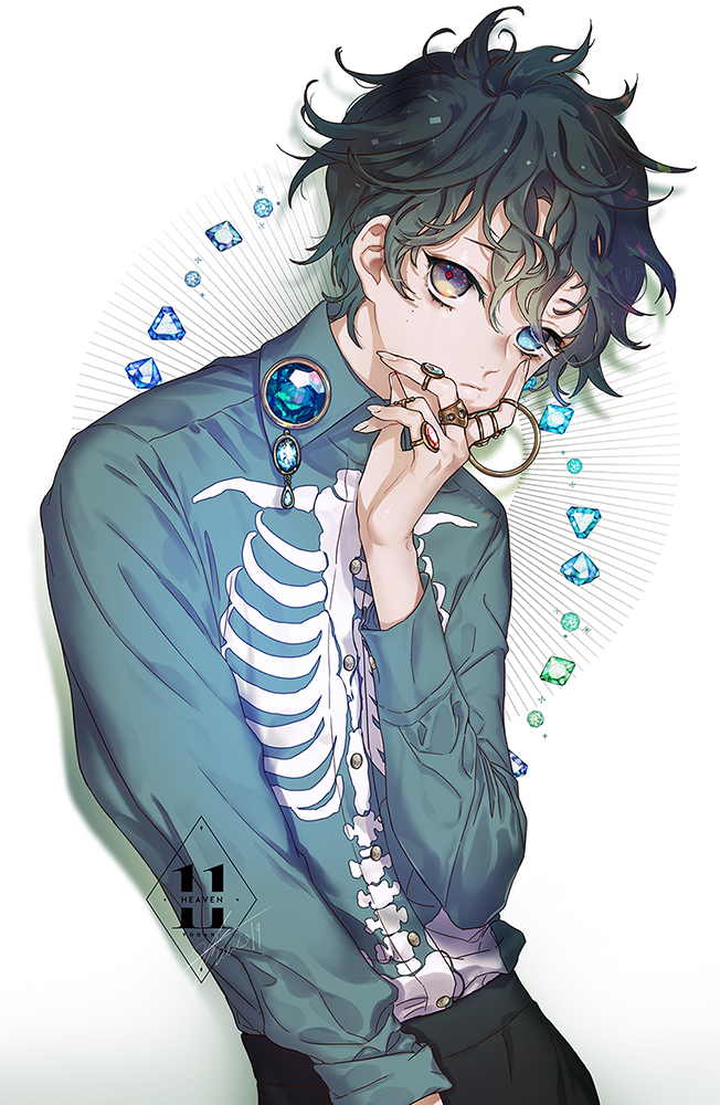 1boy, bangs, black_hair, blue_eyes, blue_shirt, bone_print, brooch, brown_eyes, closed_mouth, collared_shirt, dress_shirt, english_commentary, flipped_hair, gem, hair_over_one_eye, hand_on_own_cheek, hand_on_own_face, heterochromia, jewelry, long_sleeves, looking_at_viewer, male_focus, messy_hair, multiple_rings, original, ribs, ring, shirt, solo, spine, symbol_in_eye, upper_body, white_background, yooani