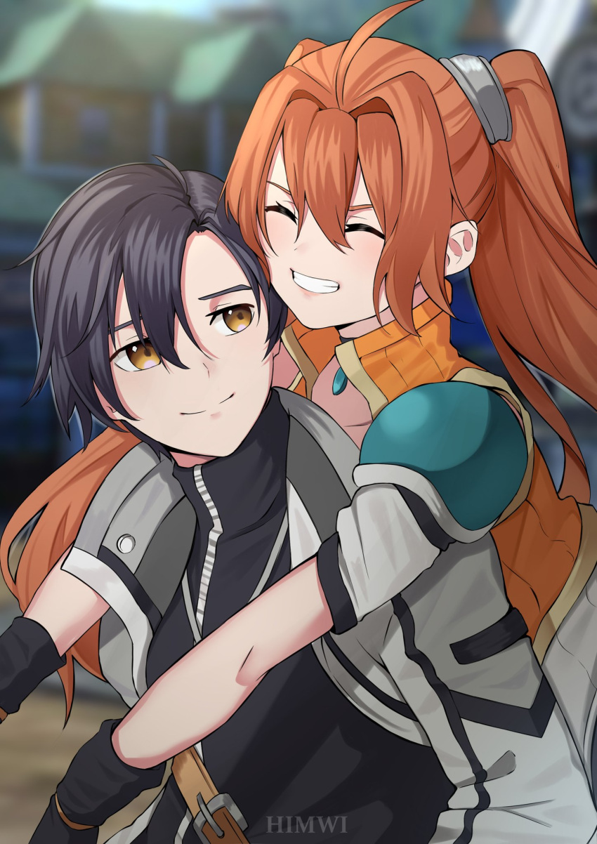 black_hair, black_shirt, closed_eyes, eiyuu_densetsu, estelle, highres, himwi, hug