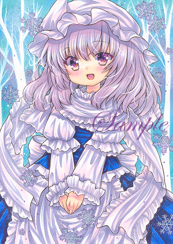 1girl, :d, apron, bare_tree, blue_background, blue_shirt, blue_skirt, blush