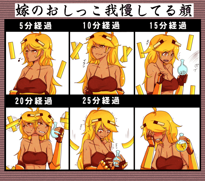 1girl, at2., bare_shoulders, blaze_(minecraft), blaze_rod, blonde_hair, blush, breasts