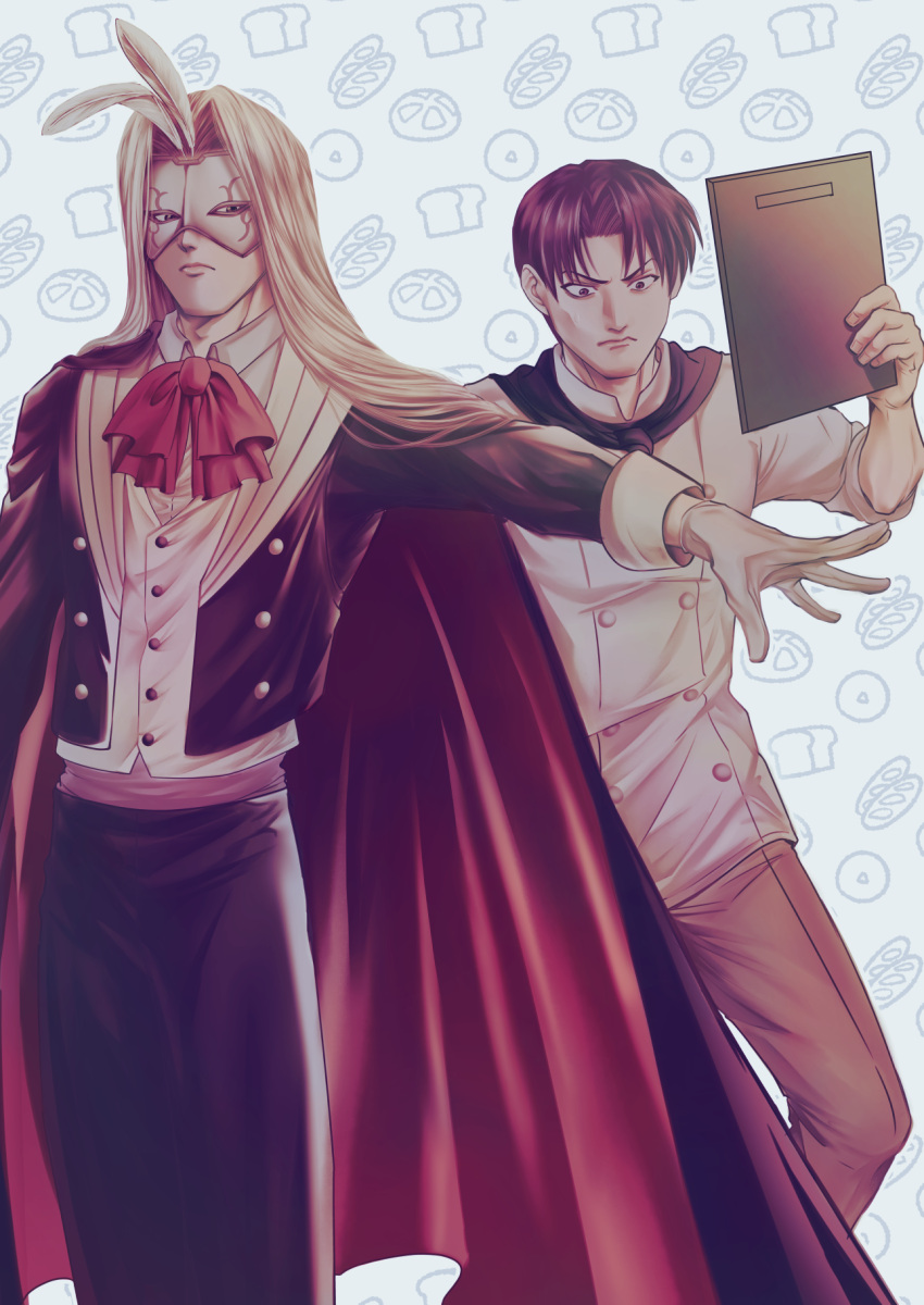 2boys, black_cape, blonde_hair, bread, cape, chef_uniform, clipboard, facing_viewer, feathers, food, highres, kirisaki_meister, kuroyanagi_ryou, long_sleeves, male_focus, mask, mimimirumi, multiple_boys, pants, red_cape, red_neckwear, shirt, simple_background, standing, two-tone_cape, white_shirt, yakitate!!_japan