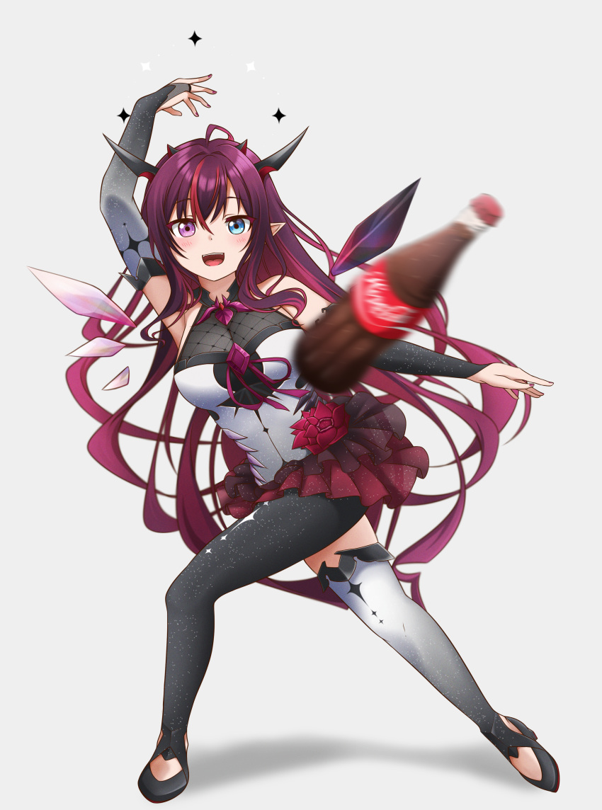 1girl, :d, absurdres, ahoge, anime_girl_throwing_things_(meme), arm_up, asymmetrical_legwear, black_legwear, blue_eyes, blurry, blurry_foreground, blush, breasts, bridal_gauntlets, detached_wings, elbow_gloves, english_commentary, eyebrows_visible_through_hair, fangs, full_body, gloves, grey_background, grey_gloves, heterochromia, highres, hololive, hololive_english, horns, irys_(hololive), jan_azure, long_hair, looking_at_viewer, medium_breasts, meme, multicolored_hair, nail_polish, pointy_ears, purple_hair, purple_nails, redhead, simple_background, single_leg_pantyhose, single_thighhigh, smile, soda_bottle, solo, streaked_hair, thigh-highs, throwing, two-tone_hair, violet_eyes, virtual_youtuber, white_legwear, wings