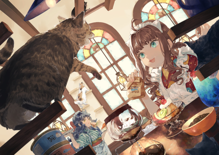 2girls, :3, ahoge, animal, animal_ears, apple, apple_bunny, apron