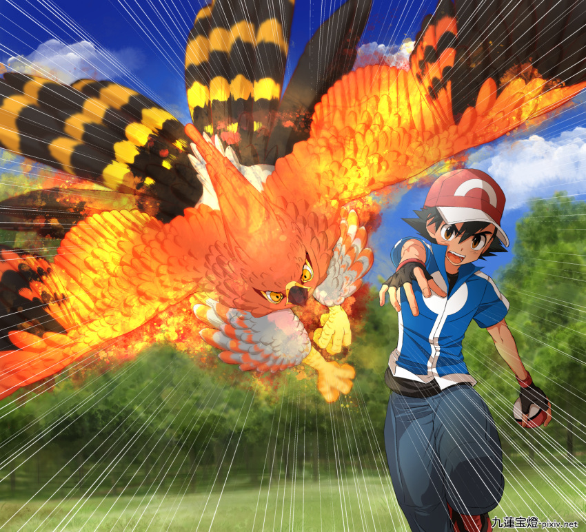 1boy, ash_ketchum, bangs, baseball_cap, black_hair, blue_jacket, blush, brown_eyes