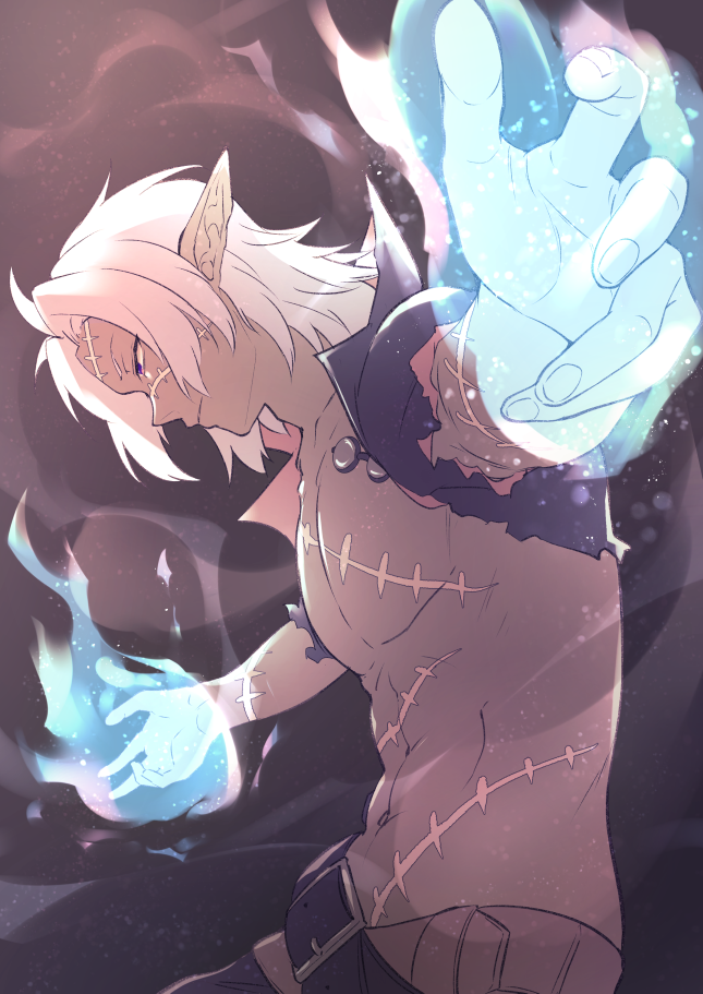 1boy, calm_mashiro, colored_skin, glowing_hands, grey_skin, long_hair, magic, male_focus, necromancer_(sekaiju), necromancer_1_(sekaiju), pointy_ears, sekaiju_no_meikyuu, sekaiju_no_meikyuu_5, solo, toned, toned_male, topless_male, upper_body, white_hair