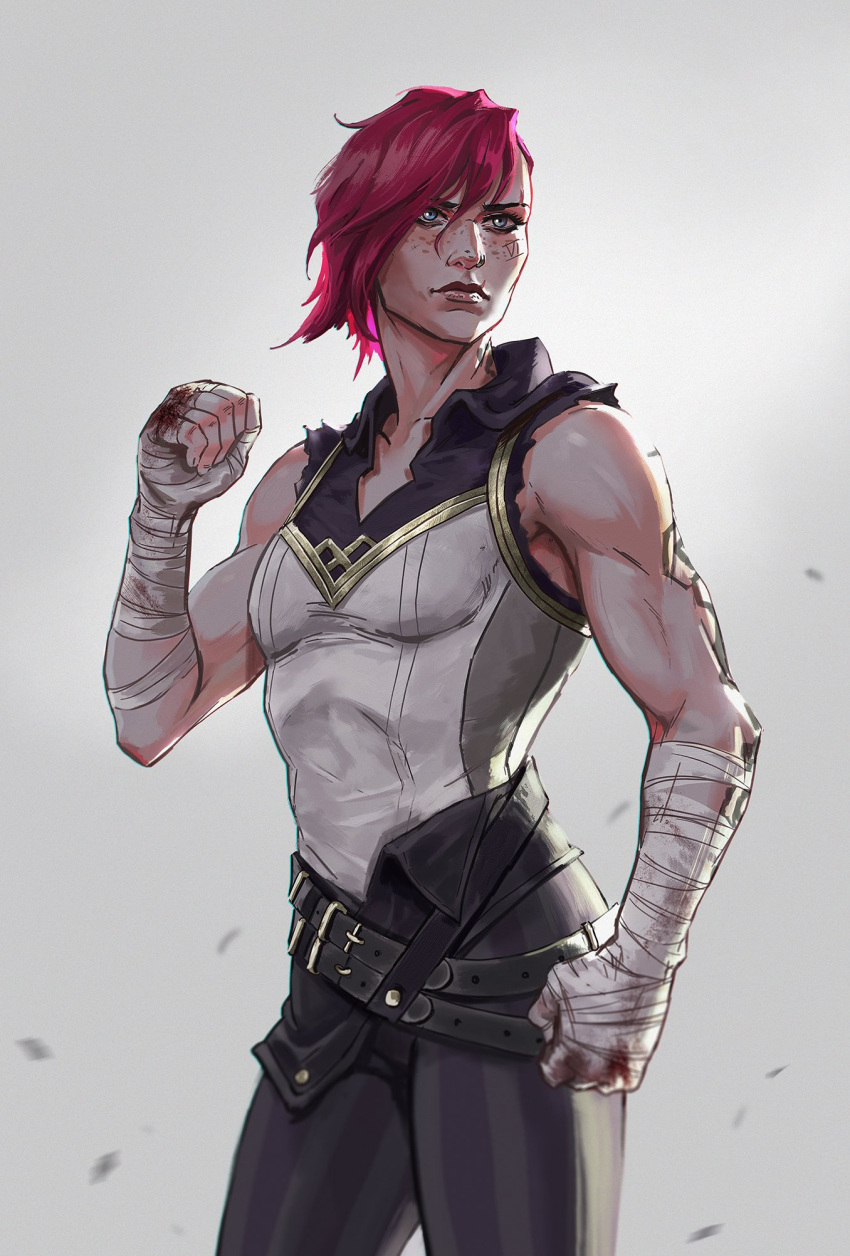 1girl, alexineskiba, arcane:_league_of_legends, bare_arms, bare_shoulders, belt, belt_buckle, biceps