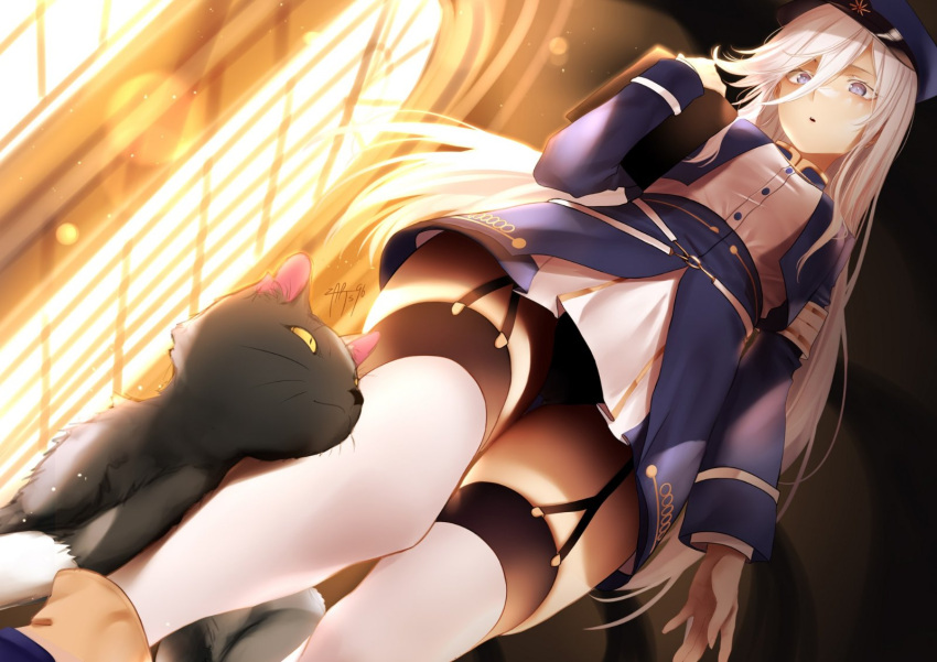 1girl, 86_-eightysix-, bangs, belt, beret, black_cat, black_panties, blue_eyes