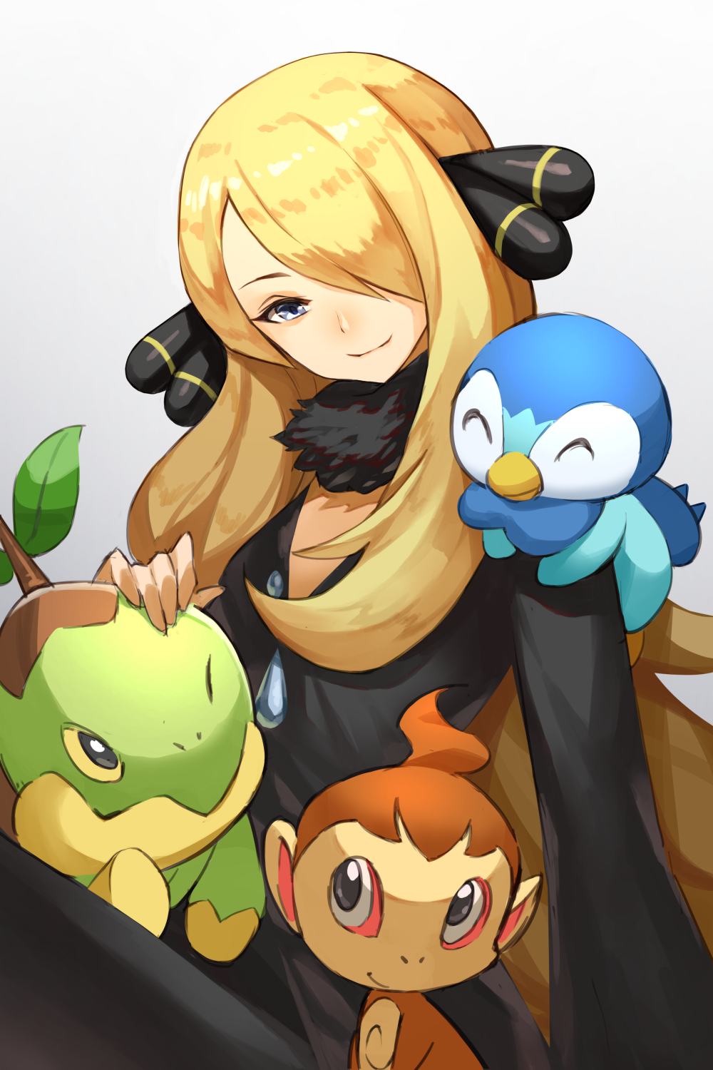 1girl, black_coat, black_pants, blonde_hair, chimchar, closed_mouth, coat, commentary_request
