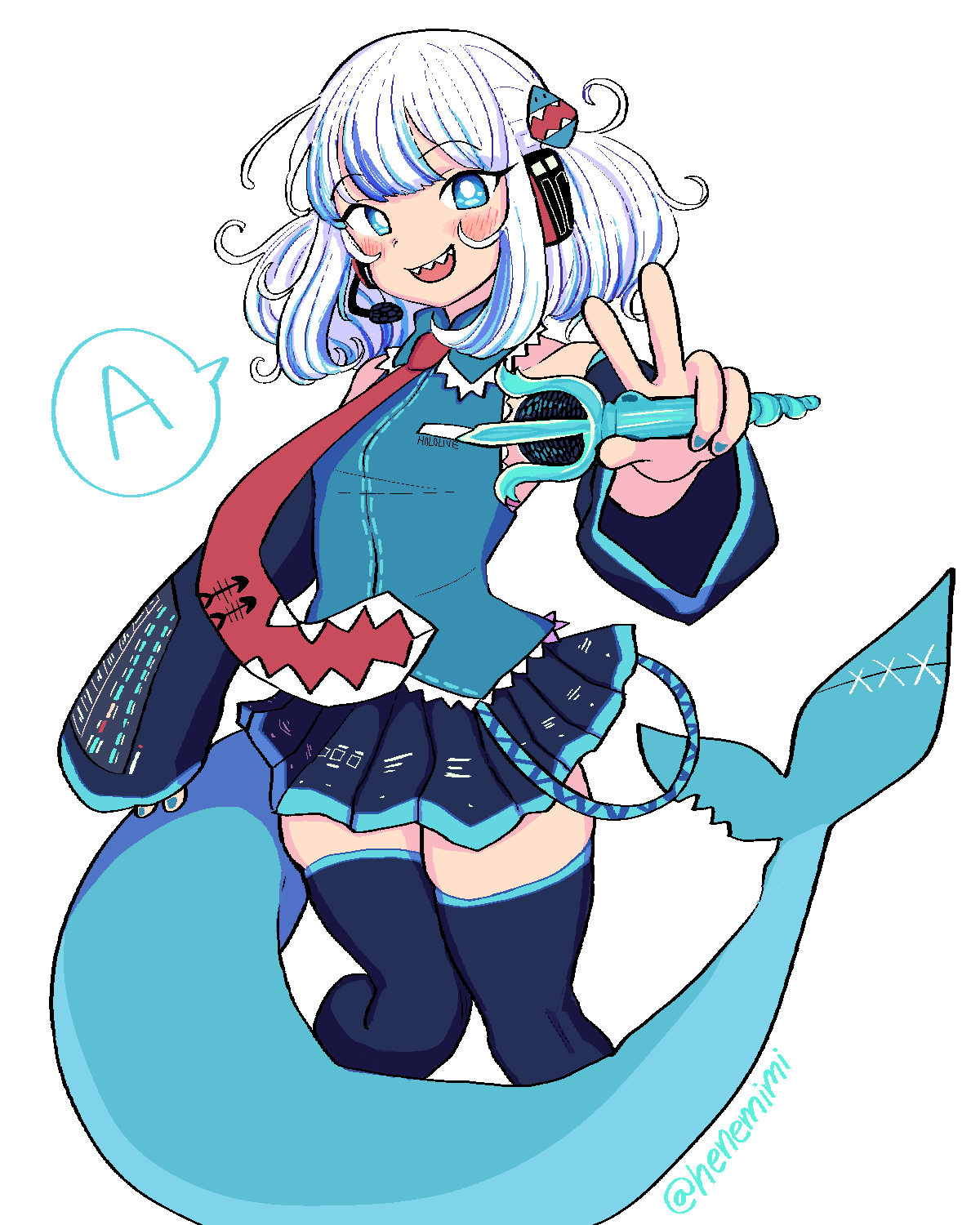 1girl, black_legwear, black_skirt, black_sleeves, blue_eyes, blue_hair, blue_shirt, blush