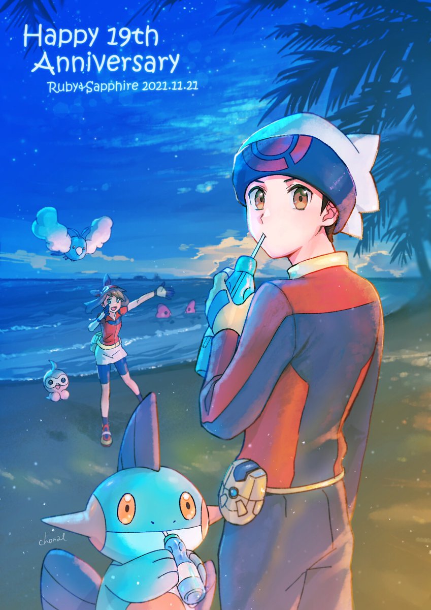 1boy, 1girl, anniversary, bangs, beanie, bike_shorts_under_skirt, bottle, brendan_(pokemon)