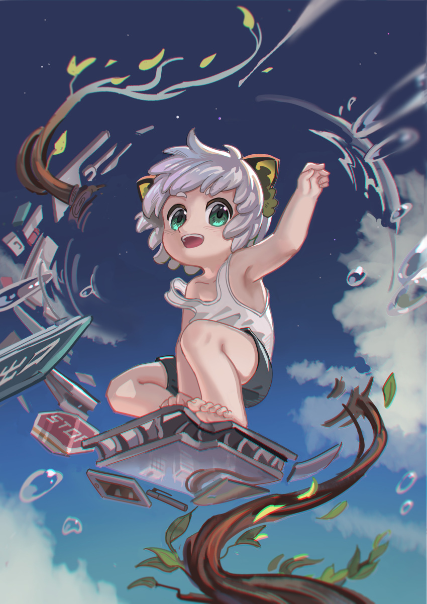 1boy, absurdres, animal_ears, bare_legs, barefoot, black_shorts, blue_sky, bubble, cat_boy, cat_ears, clouds, cloudy_sky, day, floating, floating_object, highres, leaf, luoxiaohei, outdoors, plant, short_hair, shorts, sky, solo, tank_top, the_legend_of_luo_xiaohei, whinghope, white_hair, white_tank_top