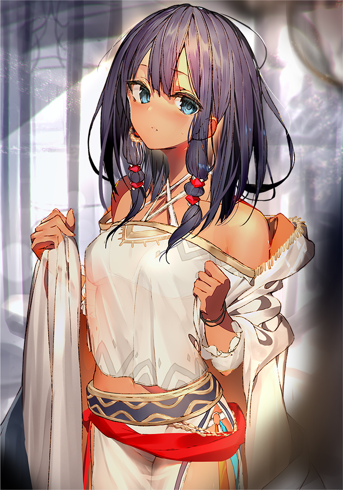 1girl, bangs, bare_shoulders, bikini, bikini_under_clothes, black_hair, blue_eyes, blush, bracelet, breasts, cover_image, cowboy_shot, criss-cross_halter, dark-skinned_female, dark_skin, enj!, halterneck, jewelry, long_hair, looking_at_viewer, navel, novel_illustration, off_shoulder, official_art, parted_lips, ryuu_to_sairei, second-party_source, see-through, sidelocks, small_breasts, solo, sweat, swimsuit, textless, white_bikini, yuui_(ryuu_to_sairei)