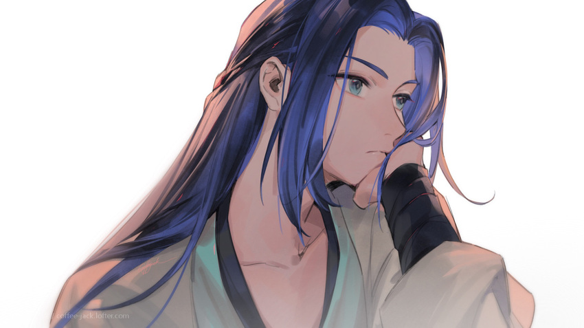 1boy, aqua_eyes, bean_mr12, blue_hair, expressionless, hand_up, long_hair, simple_background, solo, the_legend_of_luo_xiaohei, upper_body, web_address, white_background, wuxian_(the_legend_of_luoxiaohei)