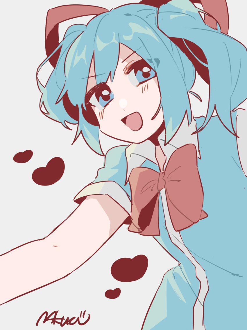 1girl, :d, artist_name, blue_eyes, blue_hair, bow, collared_dress, conchiel_monyanizumu, eyebrows_visible_through_hair, eyes_visible_through_hair, hair_ribbon, heart, highres, karaagetannpopo, looking_at_viewer, open_mouth, red_bow, red_ribbon, ribbon, short_sleeves, sideways_glance, simple_background, smile, solo, towelket_wo_mou_ichido, twintails, v-shaped_eyebrows, white_background
