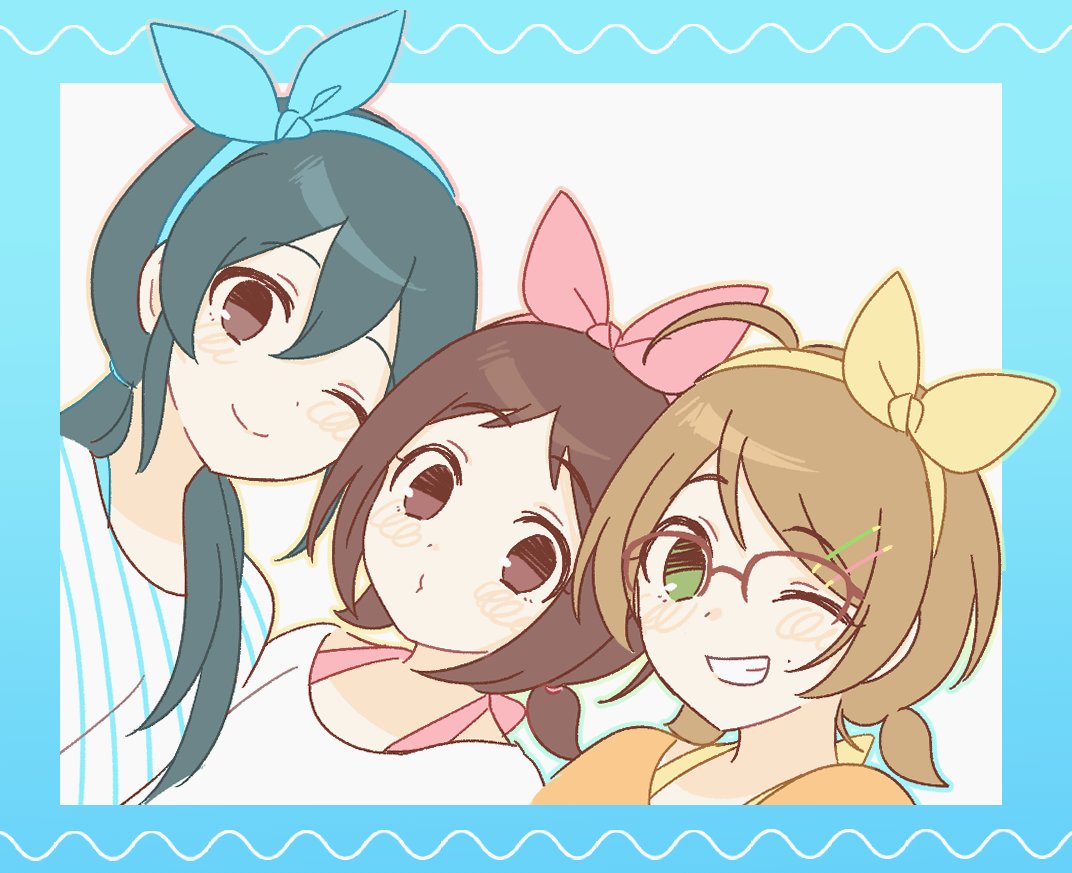 blue_hair, blush, blush_stickers, bonn, bow_hairband, brown_hair, glasses, green_eyes