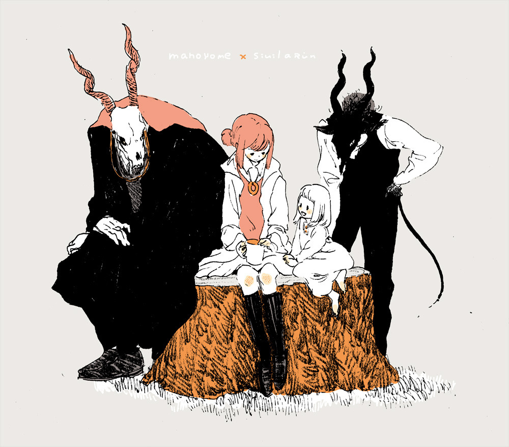 1boy, 1other, 2girls, bangs, child, cup, ellias_ainsworth, grass