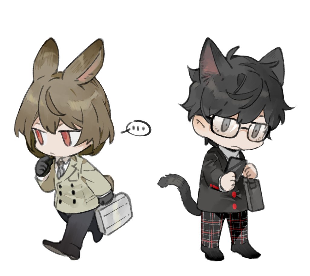 ..., 2boys, akechi_gorou, amamiya_ren, animal_ears, bag, black_gloves, black_hair
