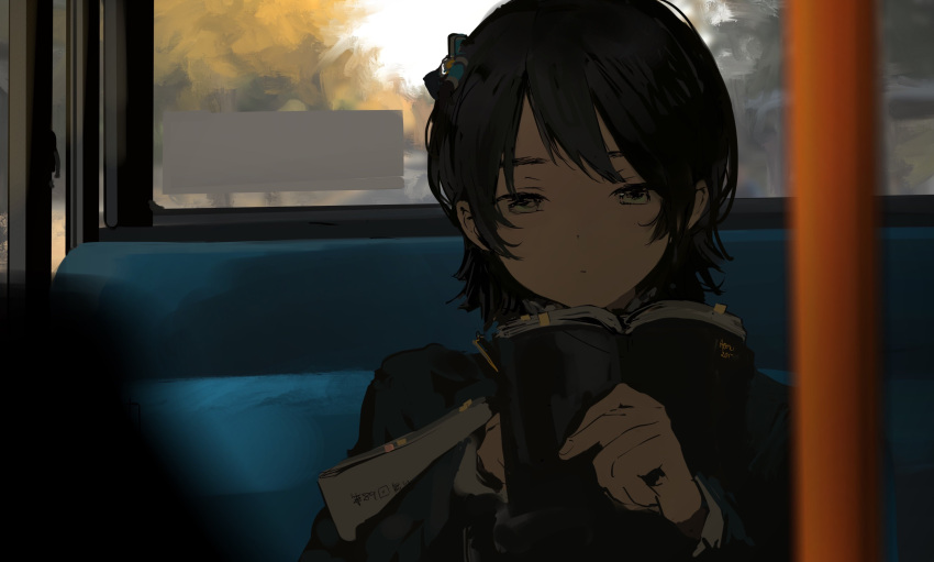 1girl, absurdres, black_hair, blurry, blurry_foreground, book, bow, bus_interior