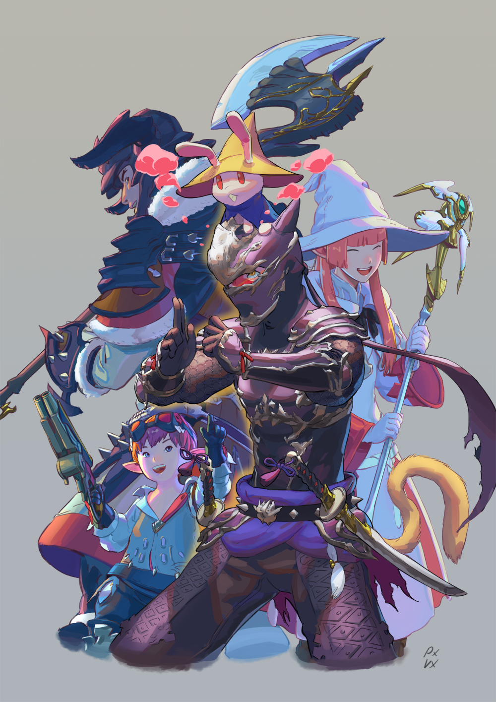 1girl, 3boys, animal, animal_on_head, armor, avatar_(ffxiv), axe, bangs