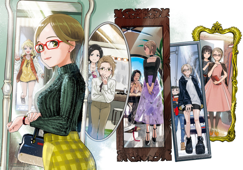 aikawa_chinatsu, bag, dress, earrings, fashion, glasses, highres, idolmaster