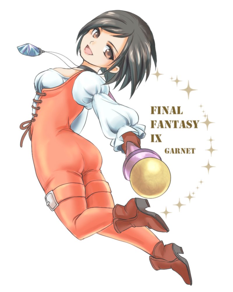 1girl, ass, black_hair, bodysuit, breasts, brown_eyes, choker, final_fantasy, final_fantasy_ix, garnet_til_alexandros_xvii, gloves, jewelry, looking_at_viewer, necklace, open_mouth, orange_bodysuit, saku_ff11, short_hair, simple_background, smile, solo, white_background
