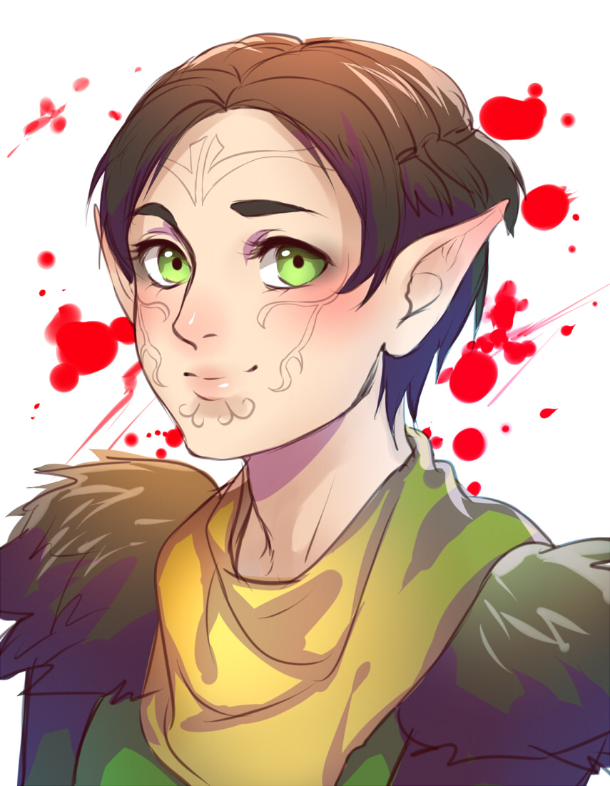 1girl, armor, blood, brown_hair, dragon_age, dragon_age_2, elf, facepaint, facial_tattoo, green_eyes, merrill_(dragon_age_2), pauldrons, pointy_ears, portrait, rezoeline, short_hair, shoulder_armor, tattoo