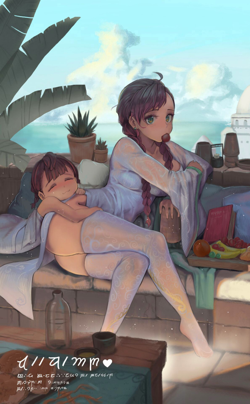 2girls, :3, ass, braid, brown_hair, closed_eyes, green_eyes, highres