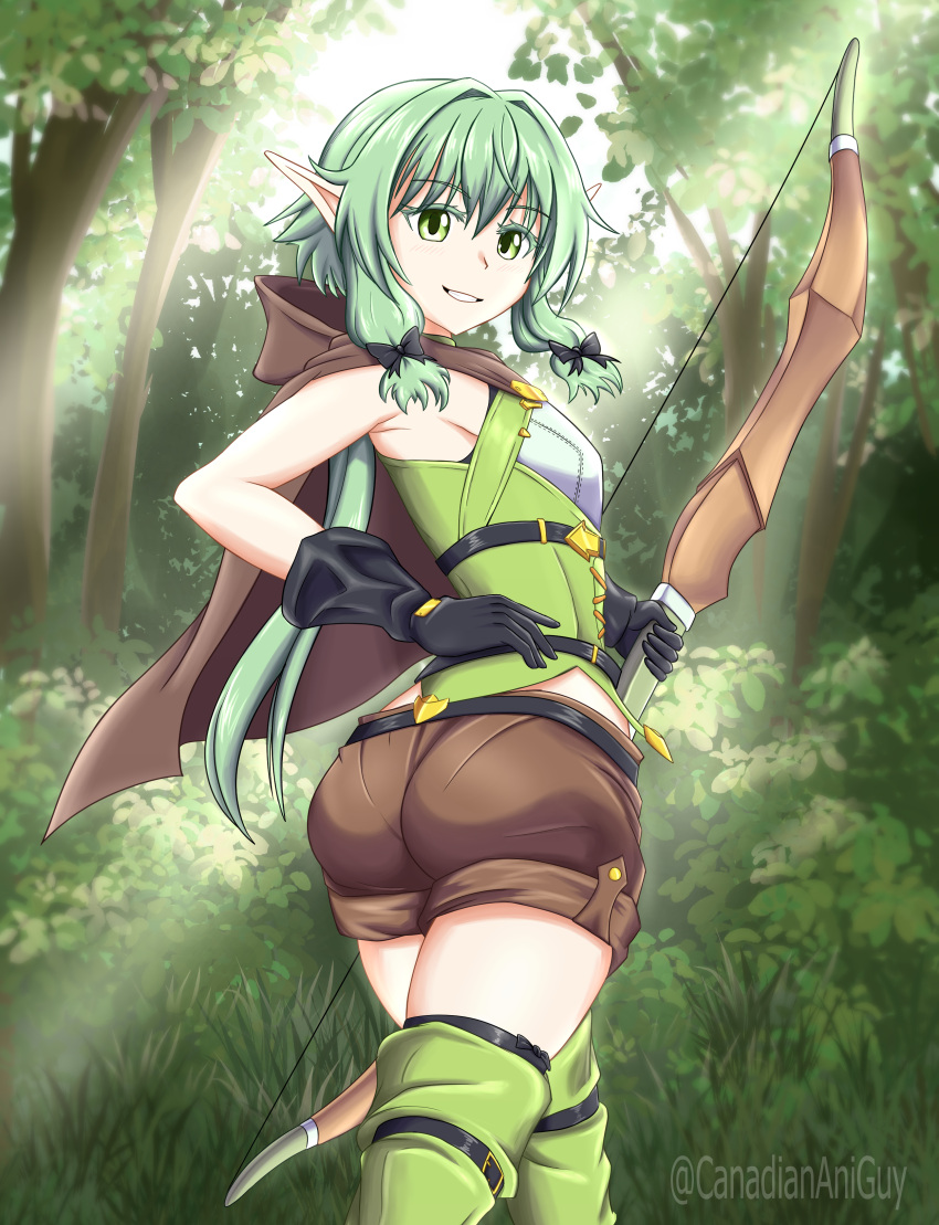 1girl, absurdres, ass, blush, bow_(weapon), brown_shorts, canadiananiguy, capelet