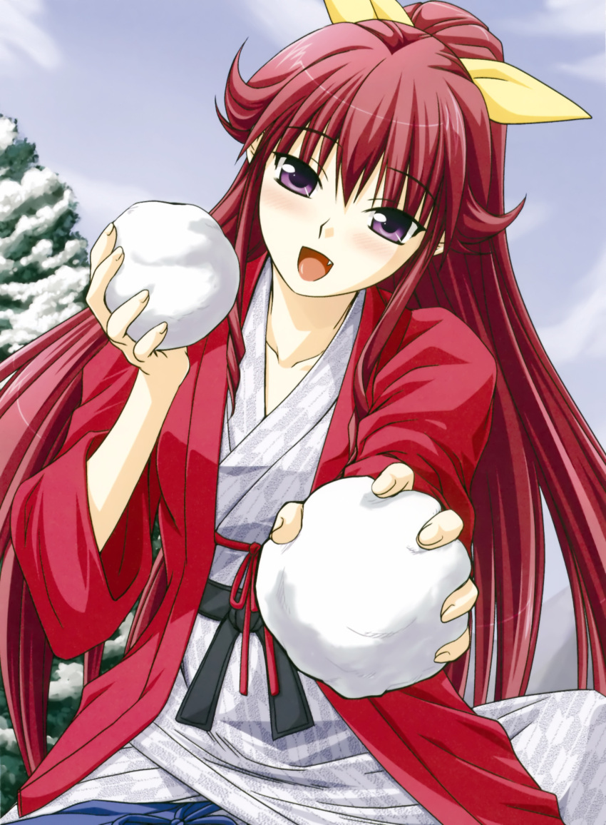 absurdres, benisu, fang, highres, japanese_clothes, kimi_ga_aruji_de_shitsuji_ga_ore_de, kimono, purple_eyes, red_hair, snowball, venis, yukata