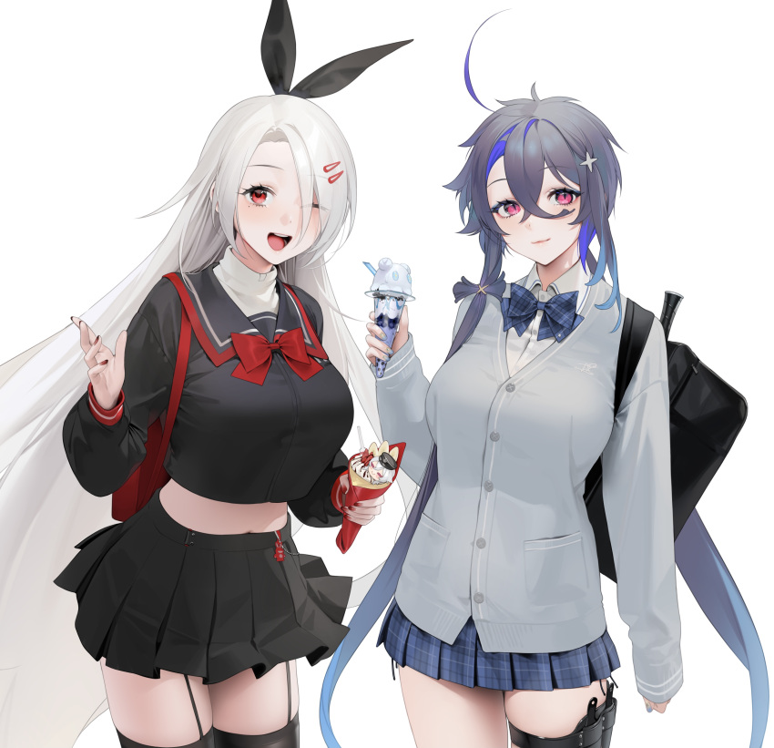 2girls, absurdres, alternate_costume, azur_lane, bag, bangs, black_legwear, black_shirt