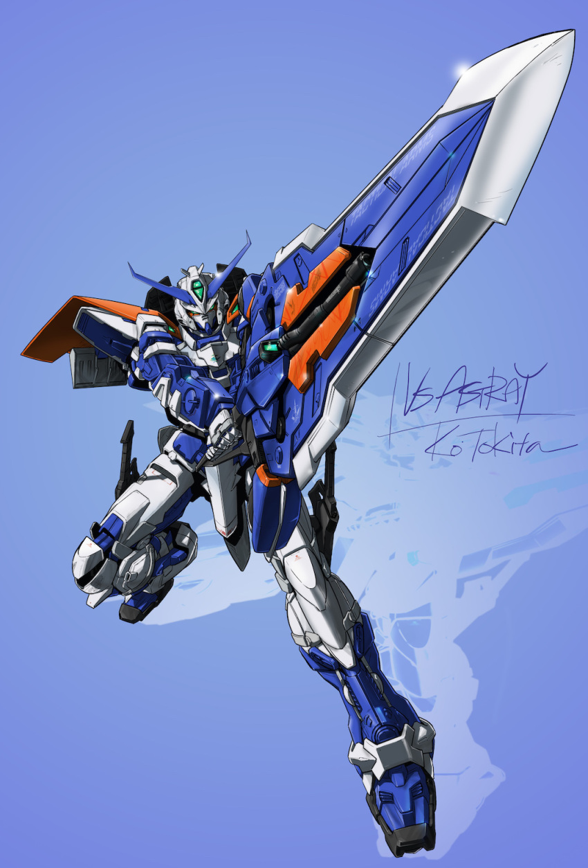 fighting_stance, green_eyes, gundam, gundam_astray_blue_frame_second_revise, gundam_seed, gundam_seed_astray, gundam_seed_vs_astray, highres