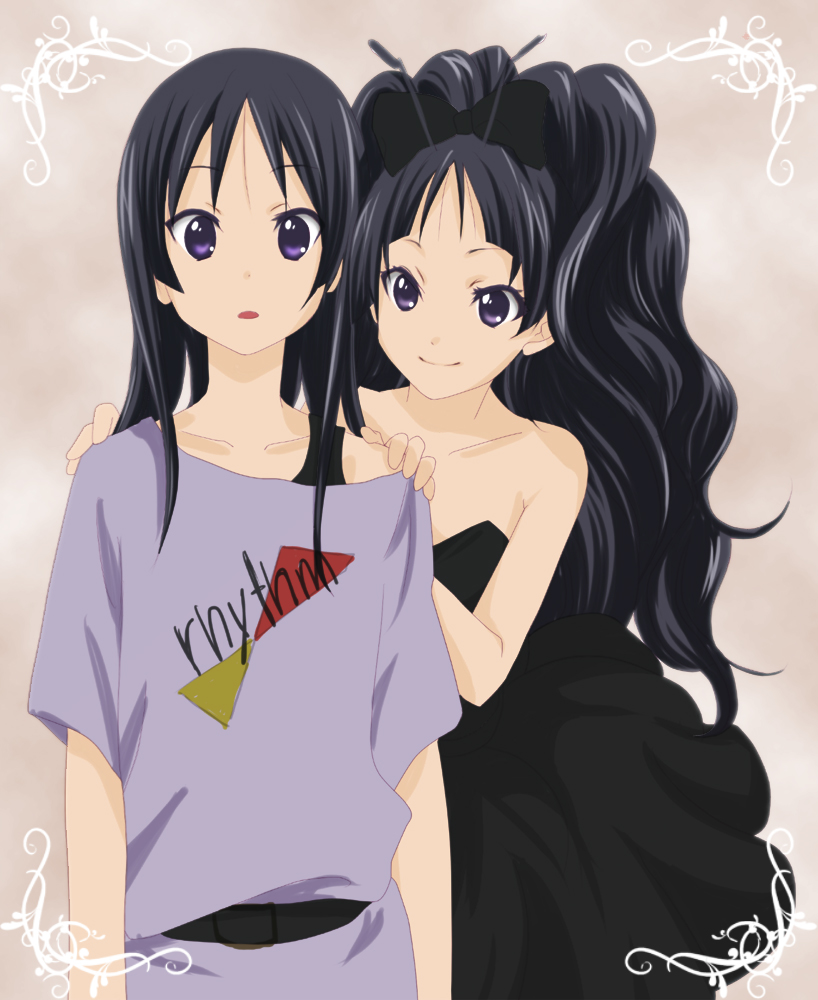 akiyama_mio, antennae, bare_shoulders, belt, black_hair, bow, casual, dress