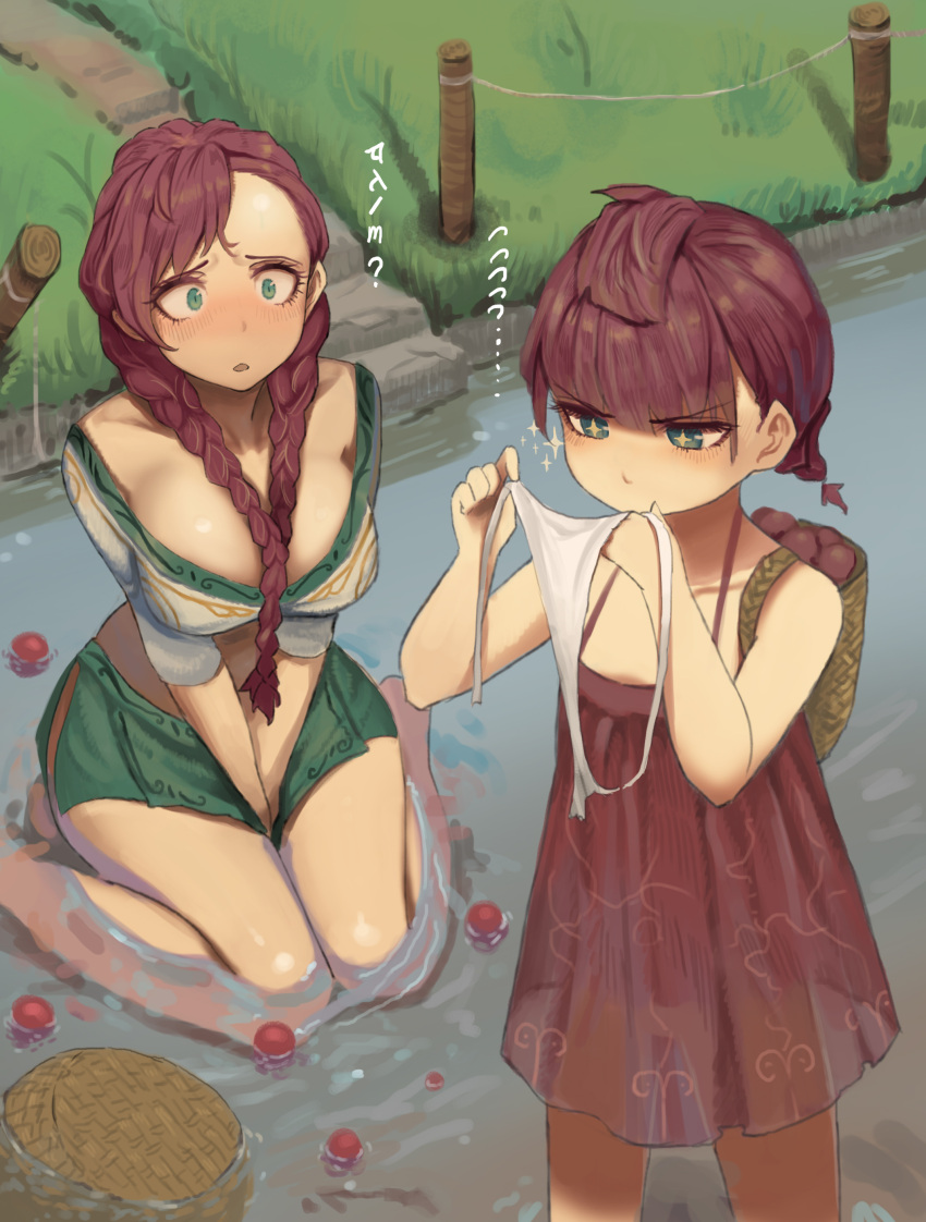 +_+, 2girls, absurdres, aqua_eyes, backpack, bag, bare_arms, barefoot