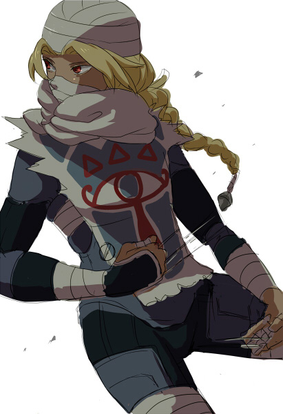 androgynous, bandage, bandages, blonde_hair, braid, long_hair, mask, needle