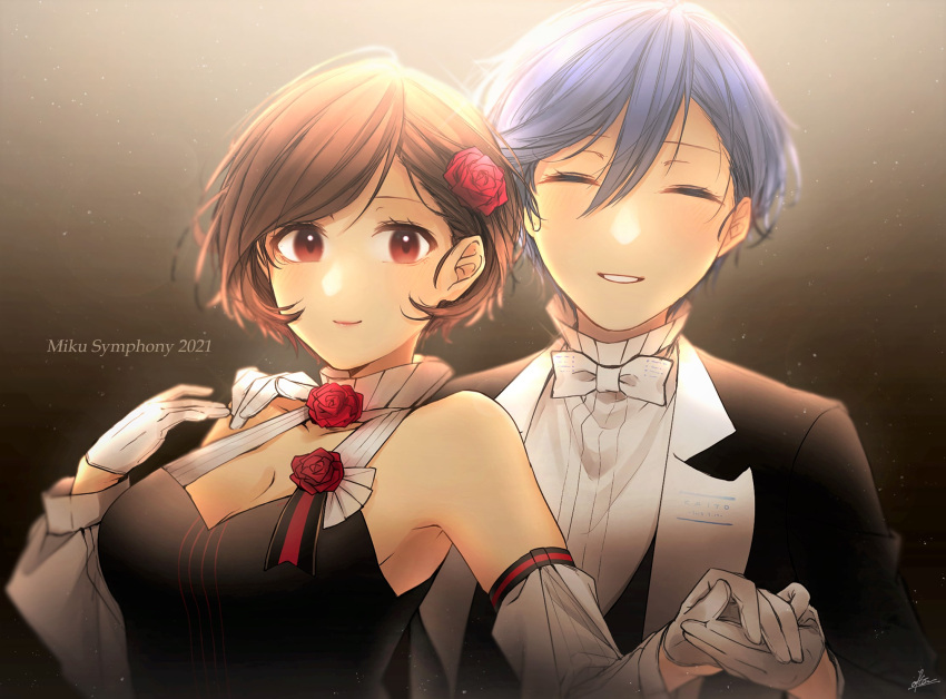 ^_^, after0217, blue_hair, brown_eyes, brown_hair, closed_eyes, detached_sleeves, flower